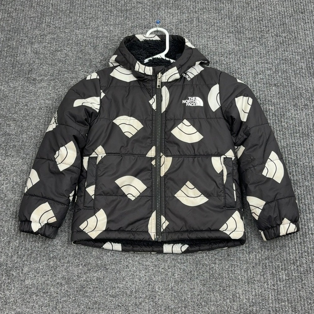 The North Face Puffer Jacket Kids 4 Black White Logo Print Hooded Winter Warm